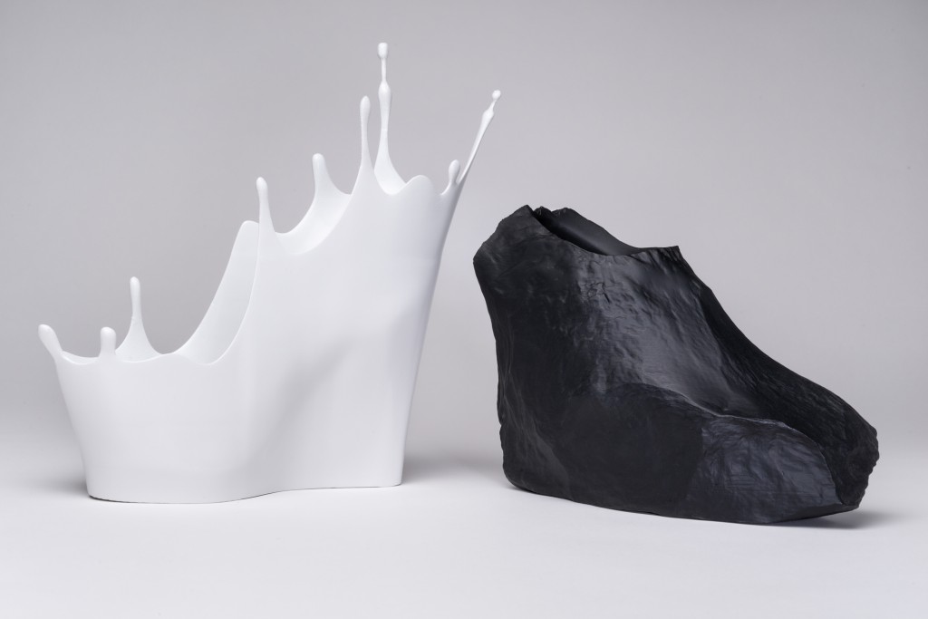 Sebastian Errazuriz, “The Cry Baby” and “The Rock,” from the “12 Shoes for 12 Lovers” collection, 2013, 3D-printed  acrylonitrile-butadiene-styrene polymer, resin, and acrylic. Museum purchase, 2015, Peabody Essex Museum. © 2016    Peabody Essex Museum. Photography by Kathy Tarantola